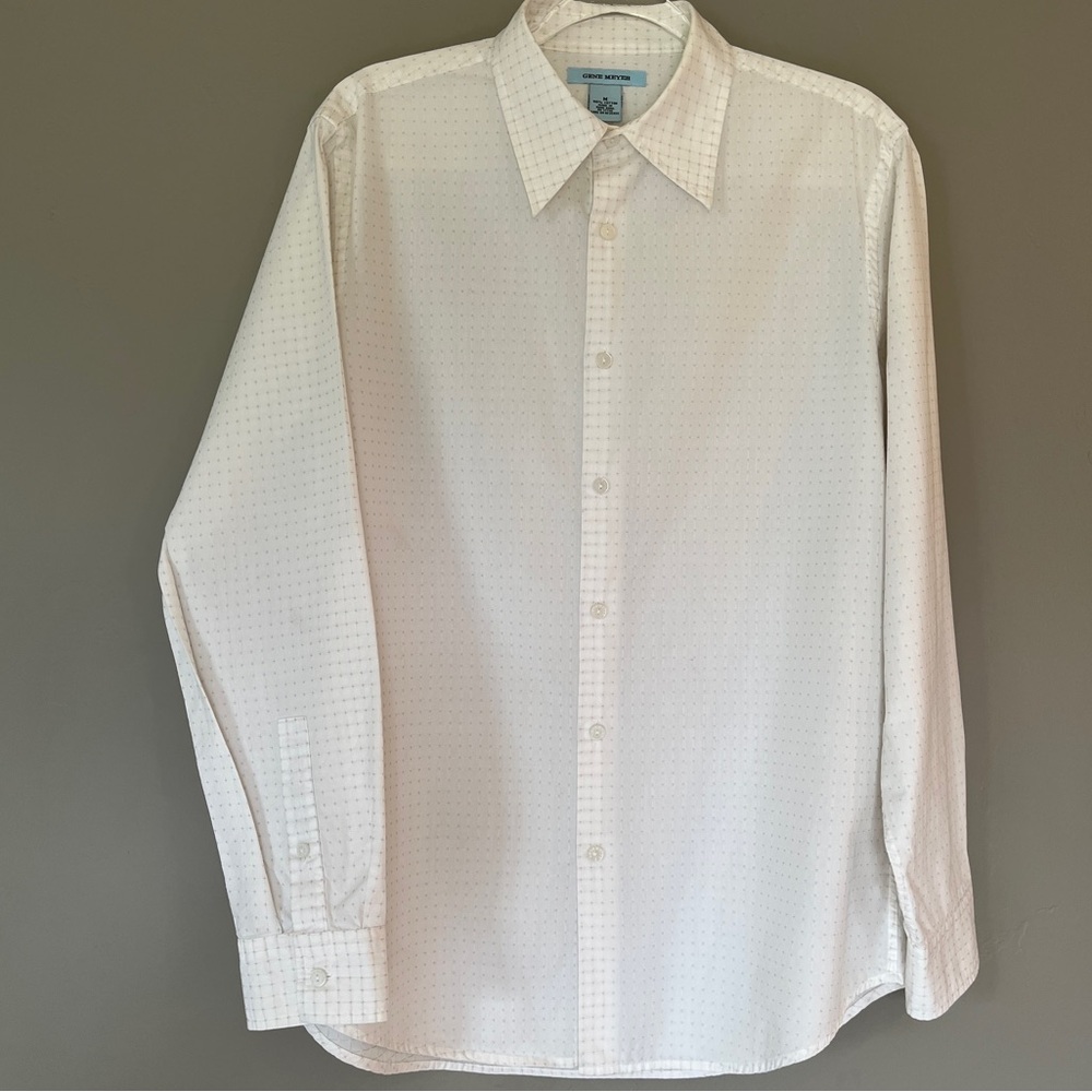 Vtg Gene Meyer Button Down Dress Shirt Neutral Rockabilly Geometric Grid Mens M